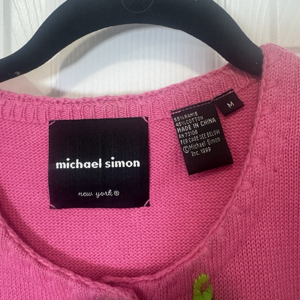 Vintage 90's Michael Simon Sequin Sweater Sz Medium M Peas Pink Green - Picture 3 of 5